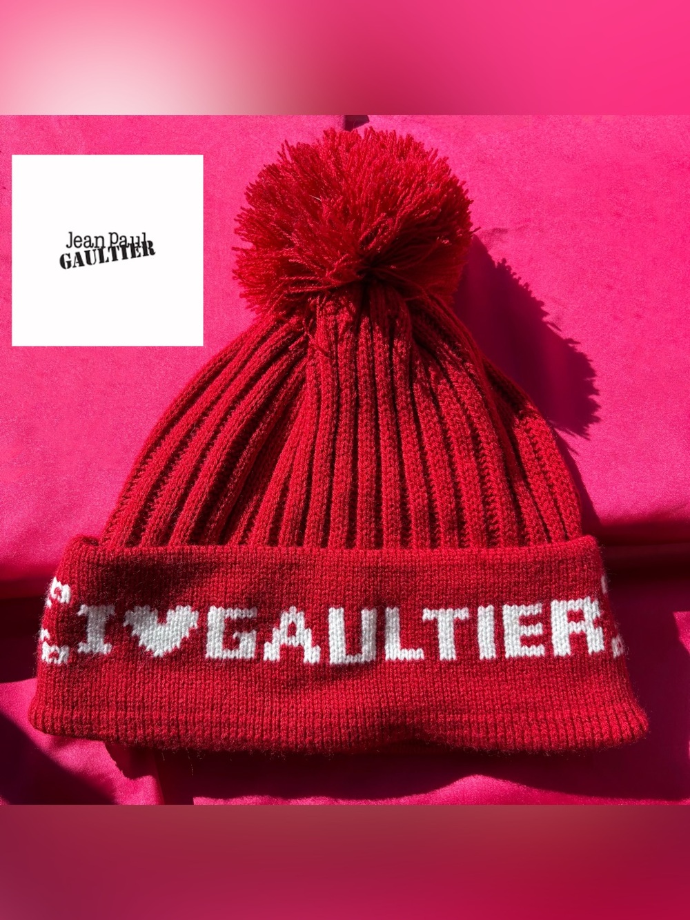Jean Paul Gaultier Red Knit Pom-Pom Beanie with White Logo